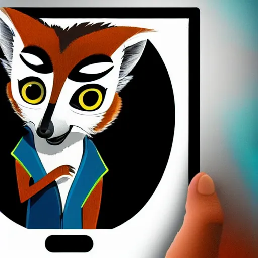 Image similar to “ logo of a lemur in the style of zootopia holding laser gun, with a black background, digital art, award winning, trending on art station, retro style ”