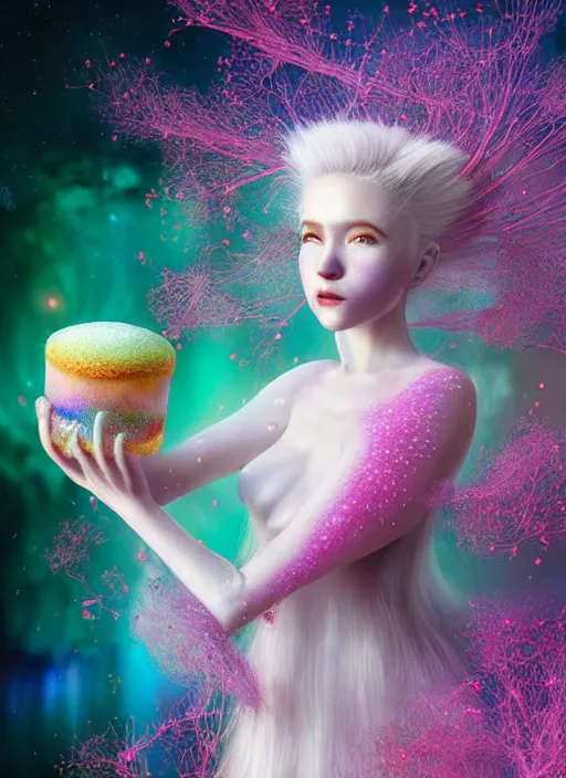 Image similar to hyper detailed 3d render like a Oil painting - kawaii portrait Aurora (white haired Singer Marten) seen Eating of the Strangling network of yellowcake aerochrome and milky Fruit and Her delicate Hands hold of gossamer polyp blossoms bring iridescent fungal flowers whose spores black the foolish stars by Jacek Yerka, Mariusz Lewandowski, Houdini algorithmic generative render, Abstract brush strokes, Masterpiece, Edward Hopper and James Gilleard, Zdzislaw Beksinski, Mark Ryden, Wolfgang Lettl, hints of Yayoi Kasuma, octane render, 8k