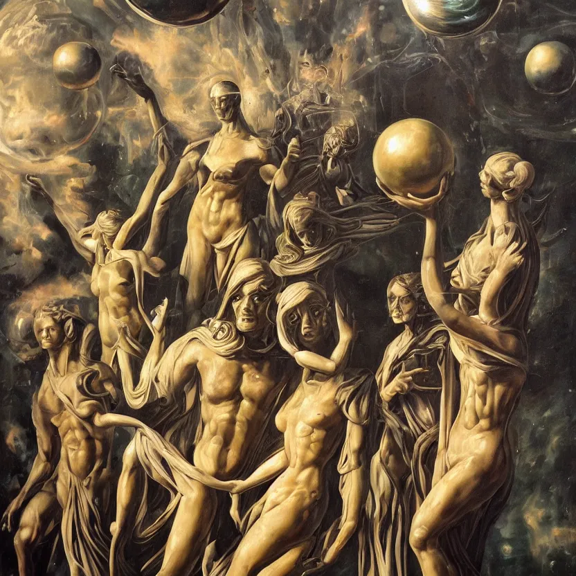 Image similar to marble statues and futuristic aliens reaching through a framed painting, hands holding big glowing orbs, pulp sci - fi art for omni magazine. high contrast. baroque period, oil on canvas. renaissance masterpiece