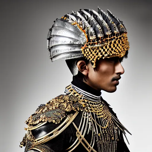 Prompt: a portrait of a beautiful young indian male wearing an alexander mcqueen armor , photographed by andrew thomas huang, artistic