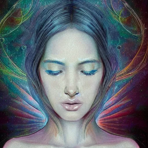 Image similar to beautiful detailed artistic portrait of a person travelling between different astral planes. grainy and rough. fine detail. soft colour scheme. artistic painting by lurid ( 2 0 2 2 ). featured on deviantart.