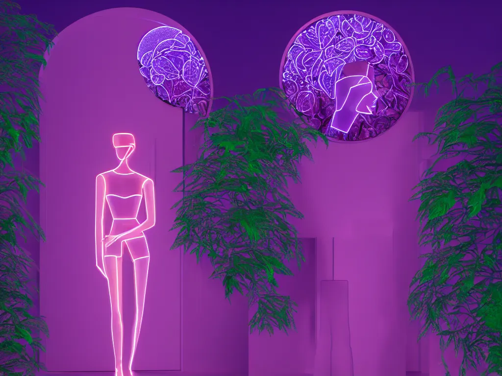 Image similar to beautiful mannequin sculpted out of amethyst by billelis + lit with 3 d geometric neon + facing a doorway opening with neon pink geometric fractal light + flowering hosta plants!!!, moon + city of los angeles in background!! dramatic, rule of thirds, award winning, 4 k, trending on artstation, photorealistic, volumetric lighting, octane render