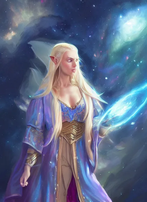 Image similar to blonde female high elf with blue glowing eyes in a multicolored robe, floatiung in front of a nebula, D&D, fantasy, intricate, cinematic lighting, highly detailed, digital painting, Artstation, concept art, smooth, sharp focus, art by Artgerm and Greg Rutkowski, SFW Version