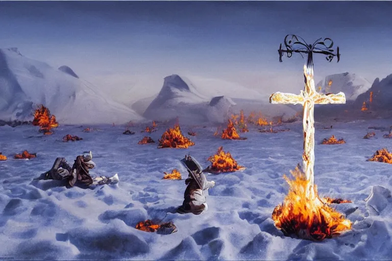 Image similar to a cross set on fire on a snow covered field, painting by salvador dali, a matte painting by li shida, cgsociety, context art, redshift, matte painting, reimagined by industrial light and magic