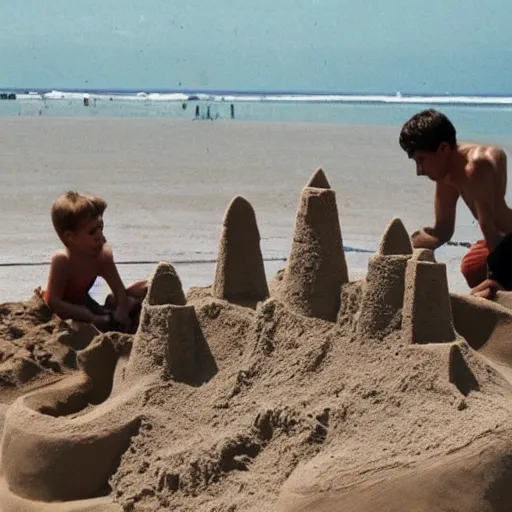 Image similar to A photo of tiny men constructing a sand castle