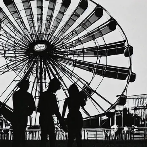Image similar to nostalgic 8 0 s nikon photo of a young couple waiting in line by a ferris wheel, sunset, small town carnival in the midwest