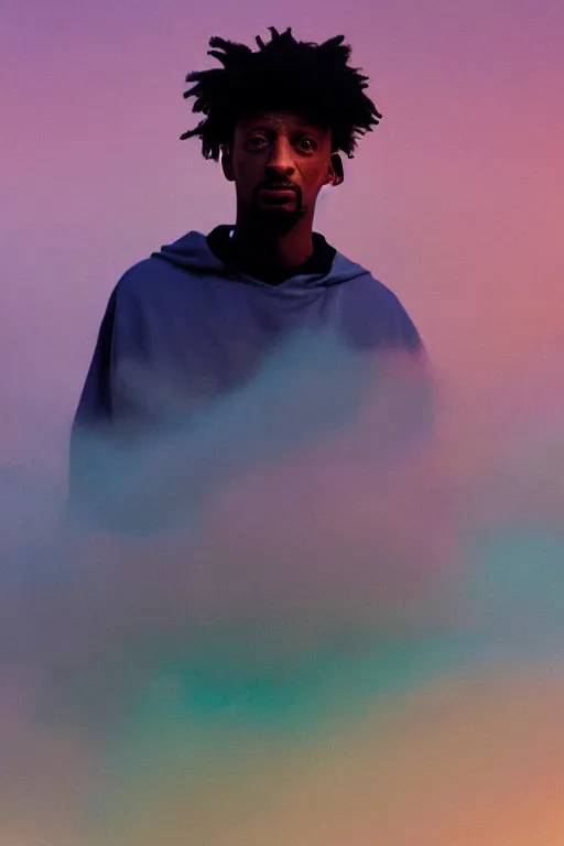 Image similar to high quality pastel coloured film close up wide angle photograph of 2 1 savage wearing clothing resting on cloud furniture in a icelandic black rock!! environment in a partially haze filled dreamstate world. three point light, rainbow. photographic production. art directed. pastel colours. volumetric clouds. pastel gradient overlay. waves glitch artefacts. extreme facial clarity. 8 k. filmic.