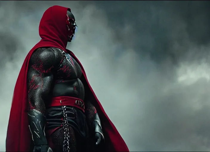 Image similar to film still of michael b jordan as spawn in the new spawn movie, giant chains, large cape, 8 k