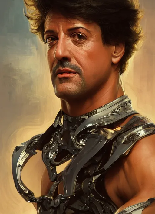 Image similar to symmetry!! silvester stallone, machine parts embedded into face, intricate, elegant, highly detailed, digital painting, artstation, concept art, smooth, sharp focus, illustration, art by artgerm and greg rutkowski and alphonse mucha, 8 k