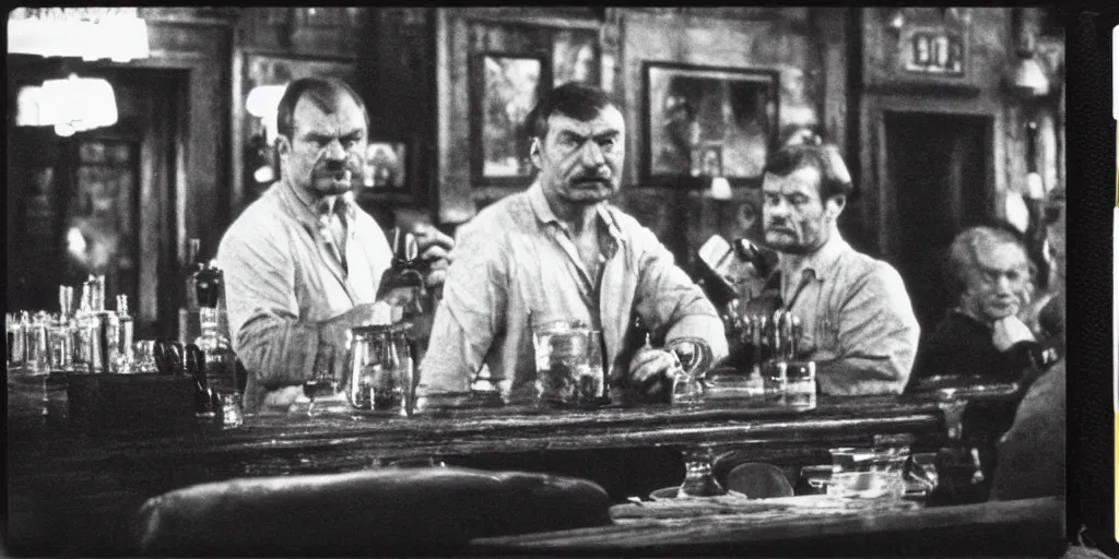 Prompt: detailed medium format photo, polaroid still from tarkovsky movie, joe rogan sitting at the bar from cheers, haze, high production value, intricate details, 8 k resolution, hyperrealistic, hdr, photorealistic, high definition, tehnicolor, award - winning photography, masterpiece, amazing colors