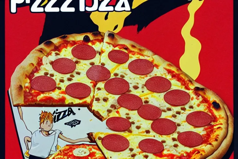 Prompt: pizza, 80s, advertisement, anime, explosion!!!!!!