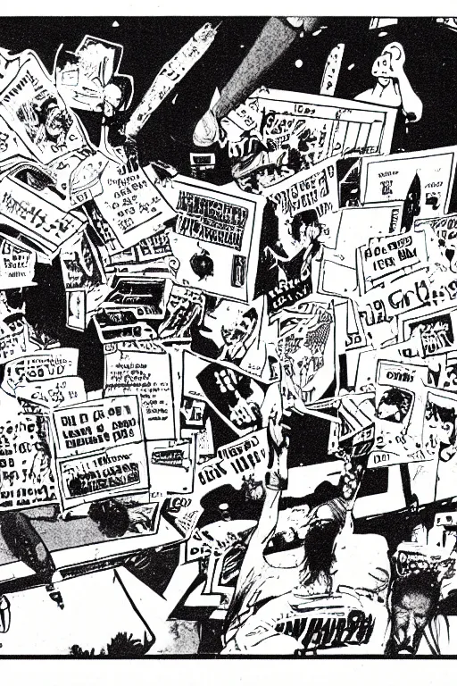 Image similar to scan of of an underground zine, 1 9 8 0 s, black and white, diy, comic art, underground, punk, typography, composition