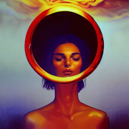 Prompt: Emily Ratajkowski with beautiful face and full body laying in a blood red pool of water between a bright golden glowing mirror frame, outside is space and inside the mirror frame is a beautiful landscape. Hyperrealistic surreal 4K IMAX Rene Margritte intricate, elegant, highly detailed, digital painting, artstation, concept art, smooth, sharp focus, illustration, art by artgerm and greg rutkowski and alphonse mucha