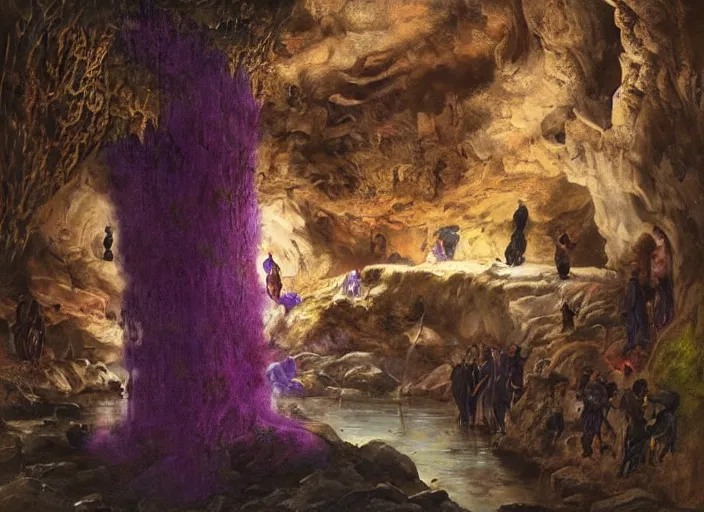Image similar to underground cavern. purple moss growing on stone. violet glow. edgar maxence and caravaggio and michael whelan and delacroix style, artistic, intricate painting, cinematic lighting, hyper realistic, extremely detailed, vivid colors, establishing shot, dramatic lighting.