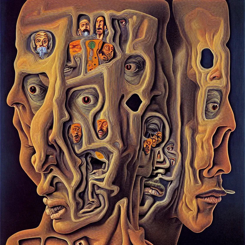 Prompt: a face coming out of a face coming out of a man's head, recursion, fractals, surreal, by salvador dali and mc escher and max ernst, oil on canvas, weird, dreams, fantasy, intricate details, soft lighting, warm colors