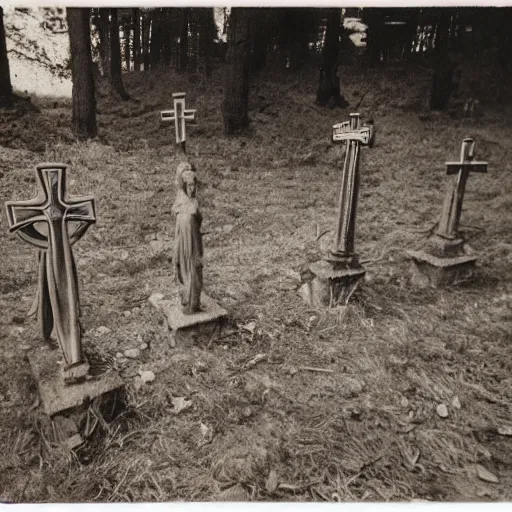 Image similar to occult sacrifice site, many crosses and effigies, taken with Polaroid camera with dark and dark ominous lighting