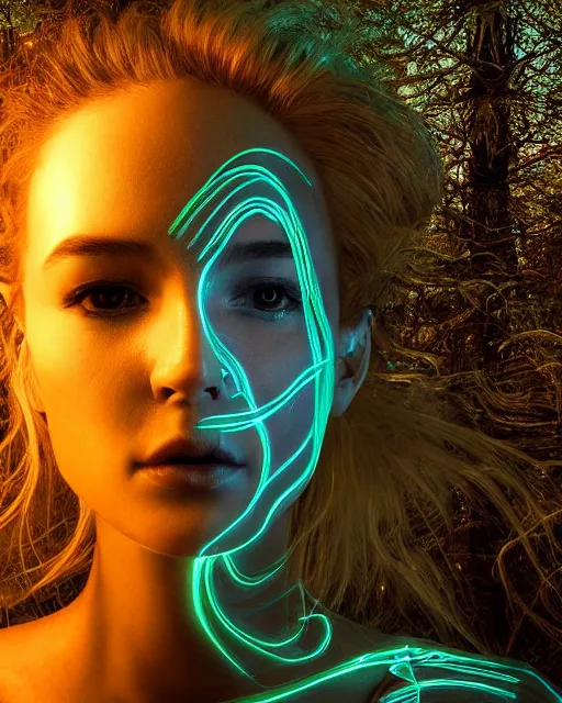 Image similar to bioluminescent long exposure light painting of a beauteous biomechanical practical sumptuous full frame photo realistic face, lifelike incredible hair, crystalline masterpiece incrustations, hyperdetailed face, elegant pose, movie still, intricate, octane render, cinematic forest lighting,