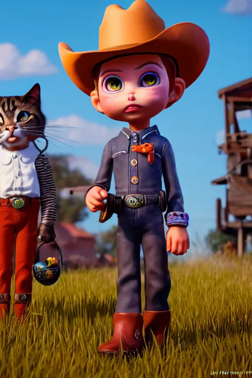 Prompt: cowboy cats, ultra hd, design by Mark Ryden and Pixar and Hayao Miyazaki, unreal 5, DAZ, hyperrealistic, octane render, cosplay, RPG portrait, dynamic lighting, intricate detail, summer vibrancy, cinematic, background by gerald and andrei tarkovsky