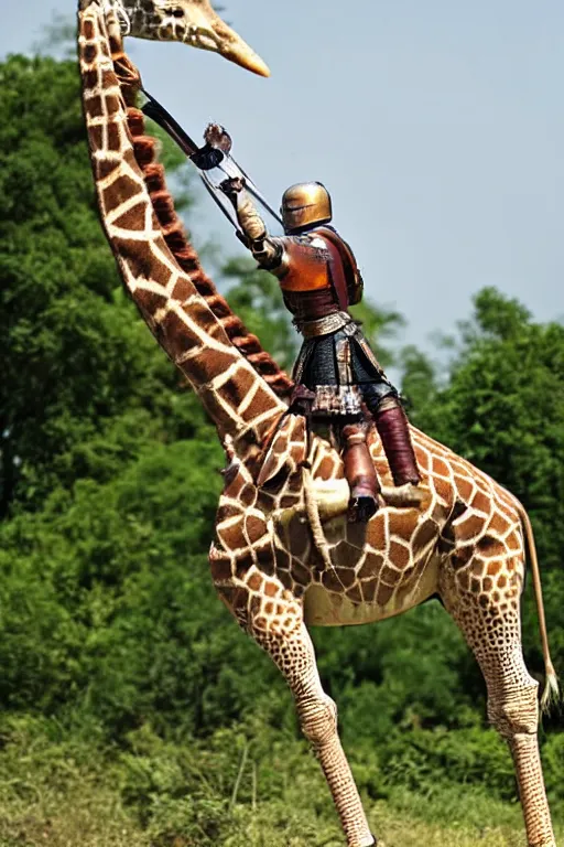 Image similar to a knight in armor riding on a giraffe