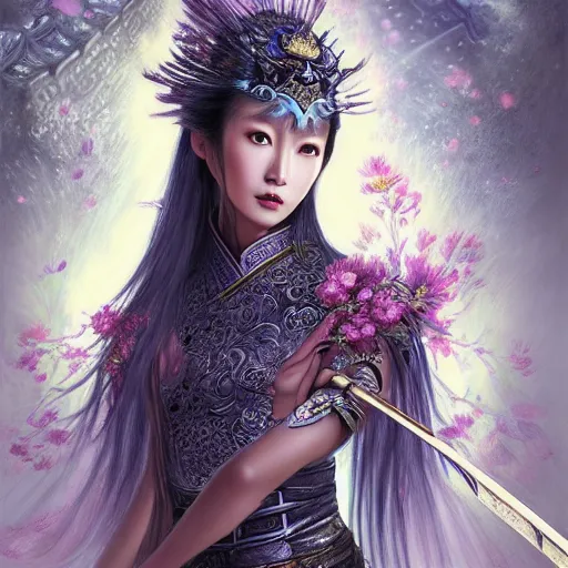 Image similar to beautiful ancient fantasy portrait of wuxia armor heroine, wearing Xian Xia wardrobe, in forbidden City, hybrid from Dynasty Warriror, flowers sea rainning everywhere, intricate, very very beautiful, elegant, highly detailed, digital painting, beautiful glowing galaxy eyes, human anatomy, hyperrealistic, soft light, dynamic, artbreeder, artstation, fantasy concept art, smooth, sharp focus, illustration, art by alphonse mucha and tian zi and WLOP