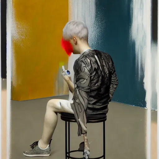 Image similar to portrait of a morphed gamer sitting on a stool looking into a mirror doing makeup by james jean and luc tuymans and beeple and hernan bas and pat steir and hilma af klint, psychological, 3 d, dripping paint, monochrome, high quality render, masterpiece