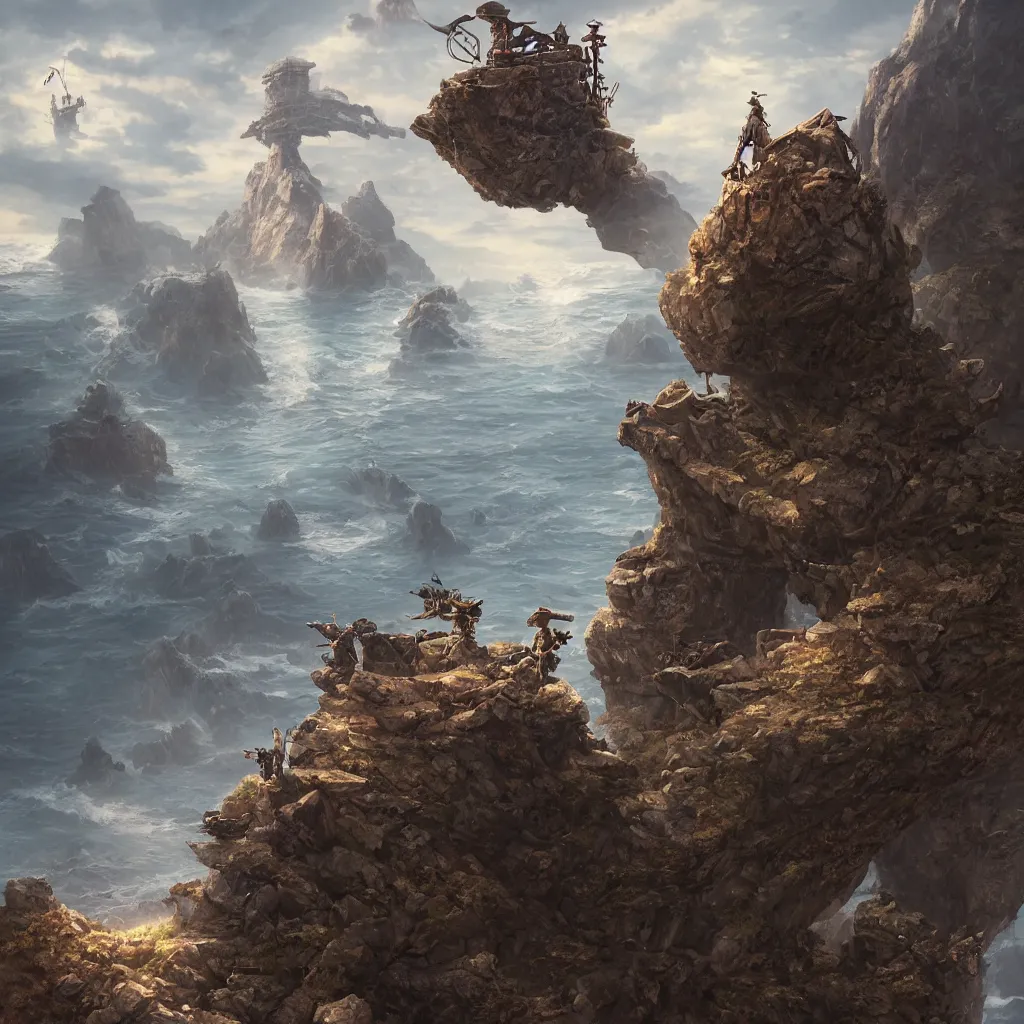 Image similar to a steampunk shipreck on a sharp rock by Greg Rutkowski, Sung Choi, Mitchell Mohrhauser, Maciej Kuciara, Johnson Ting, Maxim Verehin, Peter Konig, final fantasy , 8k photorealistic, cinematic lighting, HD, high details, atmospheric , trending on artstation