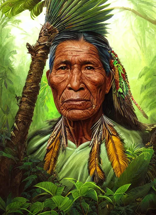 Prompt: a portrait of an indigenous amazonian elder in the jungle, fantasy art, matte painting