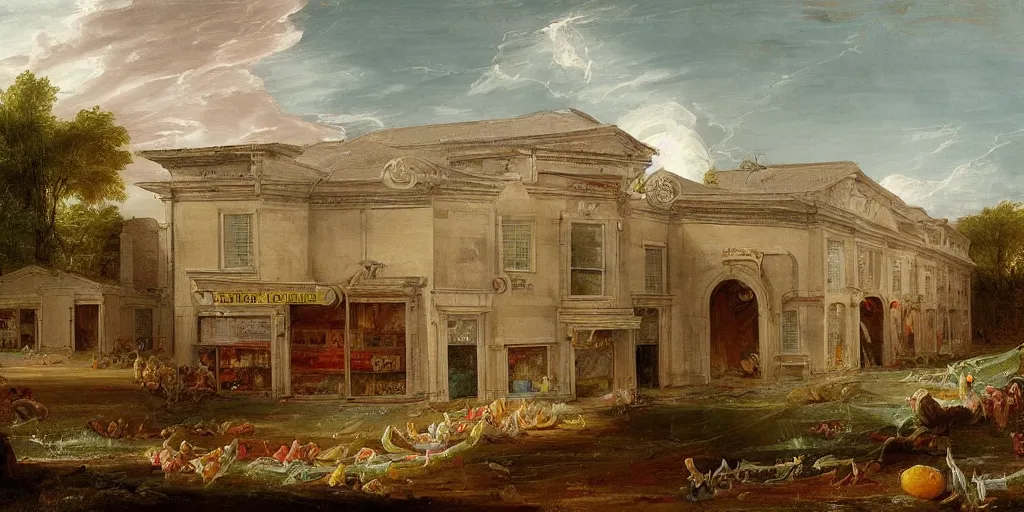 Prompt: an abandoned supermarket painted by thomas cole