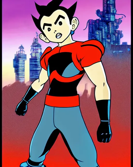 Image similar to a close up portrait of Astro boy in the style of Goku, weapon on a ready looking determined overlooking a cyberpunk city in the background, full face portrait composition, 2D drawing by Mike Mignola, Yoji Shinkawa, flat colors, chiaroscuro