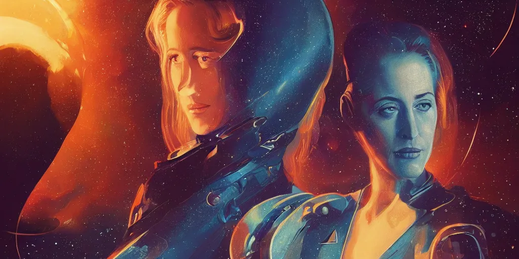 Prompt: Young Gillian Anderson as a stunning , beautiful retro SCI-FI space heroine 1985 , movie poster, intricate, elegant, highly detailed, centered, digital painting, trending on artstation, concept art, smooth, sharp focus, illustration, art by raphael lacoste ,eddie mendoza ,alex ross, WLOP