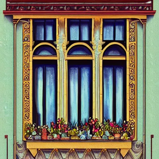 Image similar to a painting beautiful window open front view, ornate, oil on canvas, art deco, digital illustration, colorful architectural drawing, watercolor painting, behance contest winner, vintage frame window