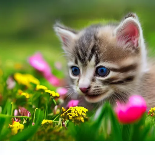 Prompt: photo of baby kittens playing on a field of flowers, award-winning photograph, national geographic, 8k, vibrant, depth of field