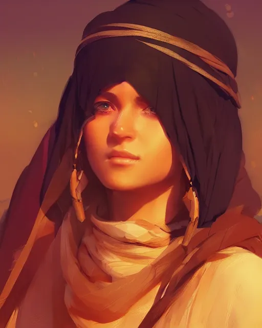 Image similar to beautiful bedouin, detailed portrait, cell shaded, 4 k, vivid colours, concept art by wlop, ilya kuvshinov, artgerm, krenz cushart, greg rutkowski, pixiv. cinematic dramatic atmosphere, sharp focus, volumetric lighting, cinematic lighting, studio quality