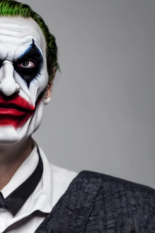 Image similar to a front profile shot of a man wearing the joker makeup 8k, hyperrealism, cinematic lighting