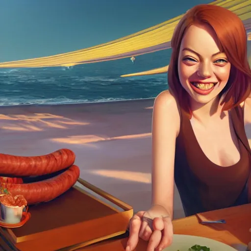 Prompt: emma stone smiling to see flying big italian sausages by concept artist gervasio canda, behance hd by jesper ejsing, by rhads, makoto shinkai and lois van baarle, ilya kuvshinov, rossdraws global illumination radiating a glowing aura global illumination ray tracing hdr render in unreal engine 5