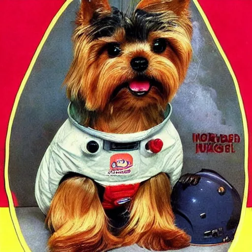 Image similar to A Yorkshire Terrier in a space suit, its face, smiling, clearly visible inside the helmet, art by Norman Rockwell, art by William Buguerau /imagine https://discord.com/channels/1002292111942635562/1005628033945837620/1006191040228753459