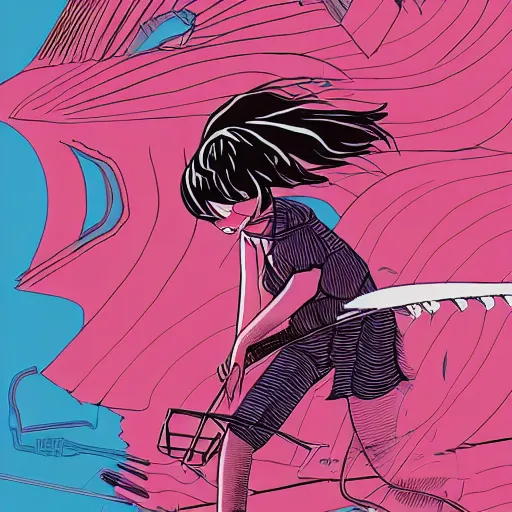 Image similar to a woman named yoshimi battles pink robots, illustrated, detailed