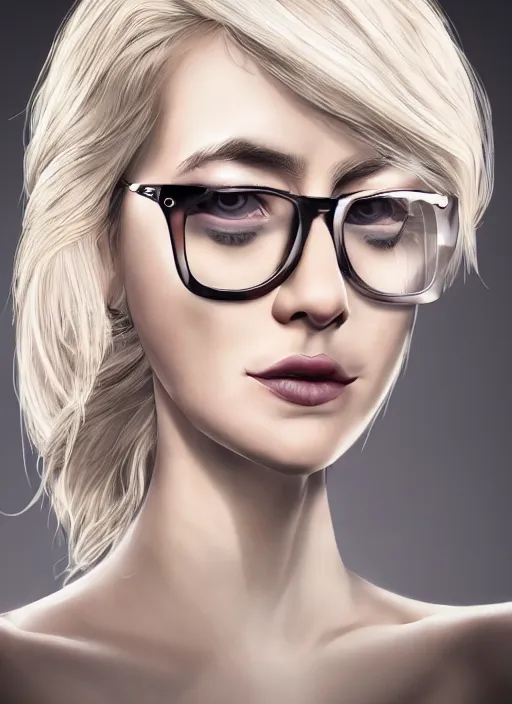 Image similar to a severe french woman with blonde hair tied in a strict bun, spectacles, lots of makeup, rich, character portrait, digital art, high quality, 8 k, detailed, d & d character,