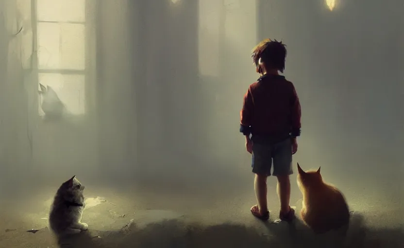 Image similar to painting of sad kid with a cat, hyper realistic t, natural light, concept art, by greg rutkowski, cozy atmospheric and cinematic lighting