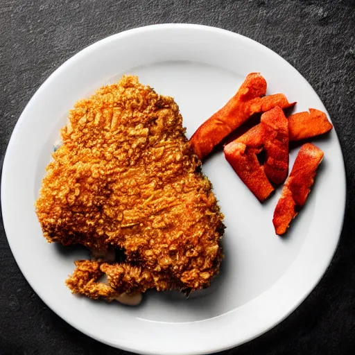 Image similar to chicken fried on a computer cpu chip plate, food, photograph, poster, orthographic