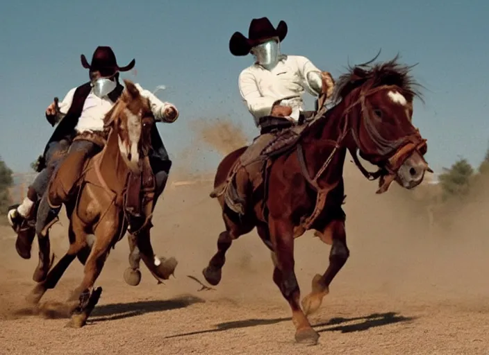 Image similar to a cowboy horse chase vigilantes with face masks disguise, shoot out, exploding horse wide shot, from the hit 1 9 9 0 s tv show on tnt