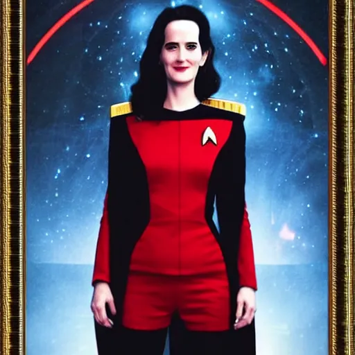 Image similar to a full body photograph of 3 0 year old eva green as a star fleet officer from star trek next generation, ultra rendered, extreme realism and detail, 8 k, completely framed, hyper realistic, direct lighting, 3 5 mm photo, photorealistic, sharp focus