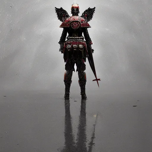 Prompt: winged hussar in ancient armor, beksinski, ruan jia, dark soul concept art, wide shot, wide angle, trending on artstation