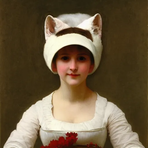 Prompt: An anthropomorphic fox woman wearing a white sunbonnet, portrait by Robert Cleminson and William-Adolphe Bouguereau