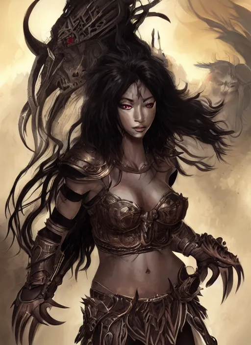 Image similar to beautiful warrior lady, black long hair, practical armor, brown skin, demonic eyes, low fantasy, extremely detailed, sharp focus, smooth, digital illustration, by rossdraws, frank franzzeta, sakimichan