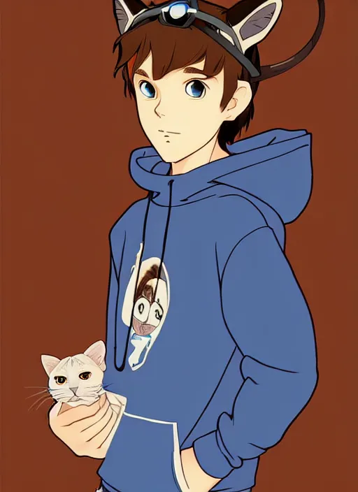 Image similar to teen boy with brown hair and big blue eyes, wearing a black hoodie with cat ears on top of it, natural lighting, path traced, highly detailed, high quality, cartoon, digital painting, by don bluth and ross tran and studio ghibli and alphonse mucha