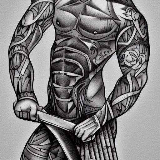 Image similar to muscular bald man, tattooed body, sword in hands, HD, anime style,