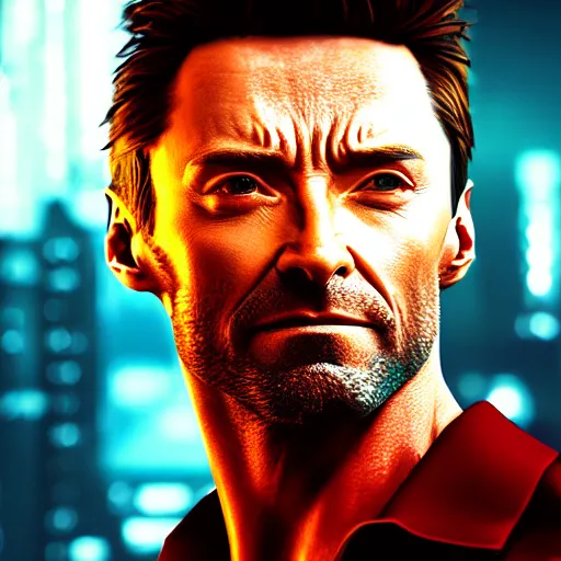 Prompt: hugh jackman portrait, cyberpunk 2 0 7 7, cyberpsycho, photorealistic, ultra detailed, neon, octane rendered, bokeh, cinematic lighting, cyber, cyberpunk city, studio quality, feature, scars, cyberface, 8 k