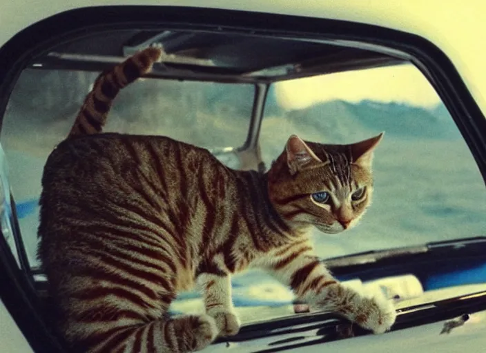 Image similar to A very high resolution image from a new movie, a cat driving a car around, inside of a car , mountains, Polaroid, directed by wes anderson