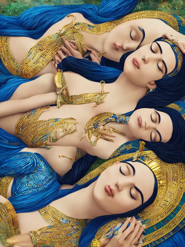 Prompt: beautiful female ancient Egyptian goddesses lying down asleep together next to the river Nile, blue lotus flowers grow around them as they sleep peacefully, intoxicated by the perfume, by Alessio Albi, painted by Artgerm